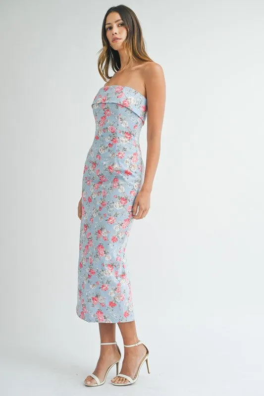 Poppy Floral Strapless Midi Dress Blue/Pink