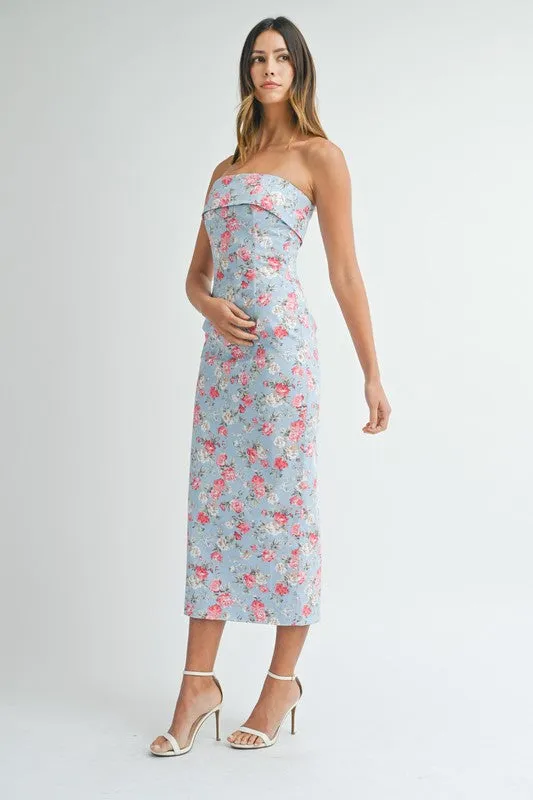 Poppy Floral Strapless Midi Dress Blue/Pink