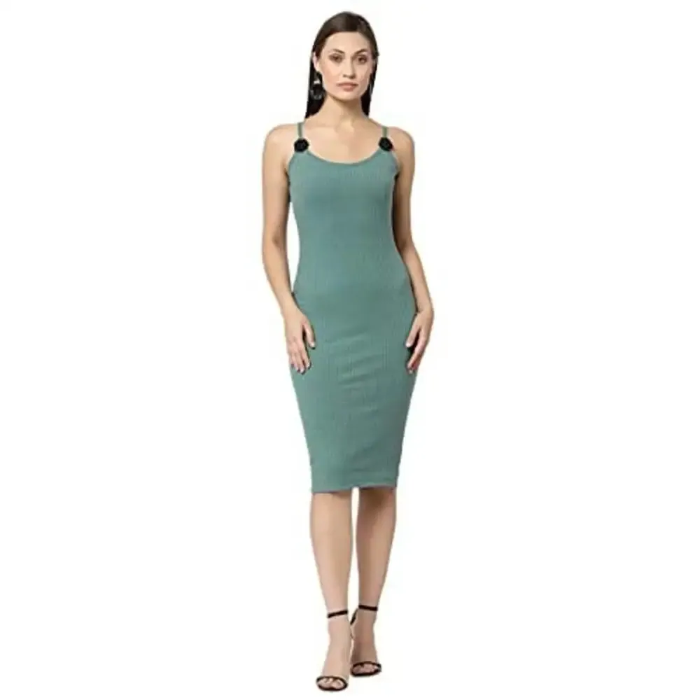 POPWINGS Pastel Green Rib Bodycorn Calf Length Dress