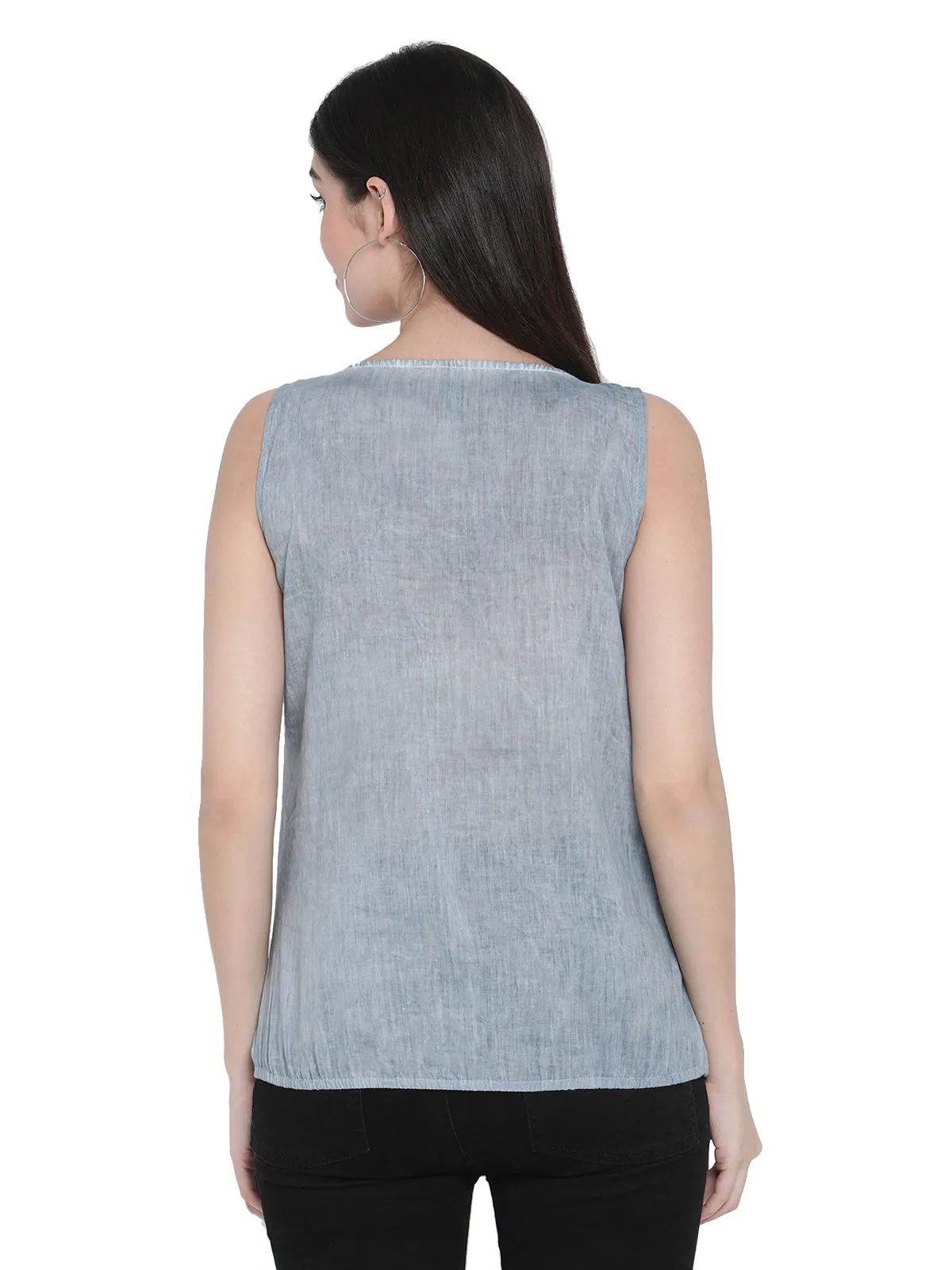 Porsorte Womens Denim Blue Cotton Voile Sleeveless Top