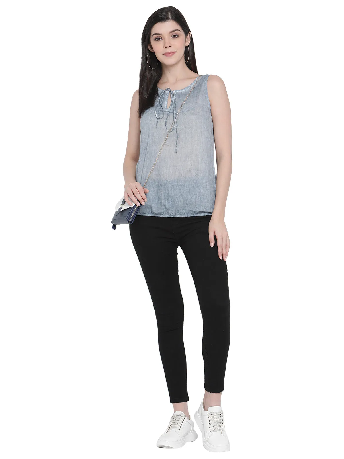 Porsorte Womens Denim Blue Cotton Voile Sleeveless Top