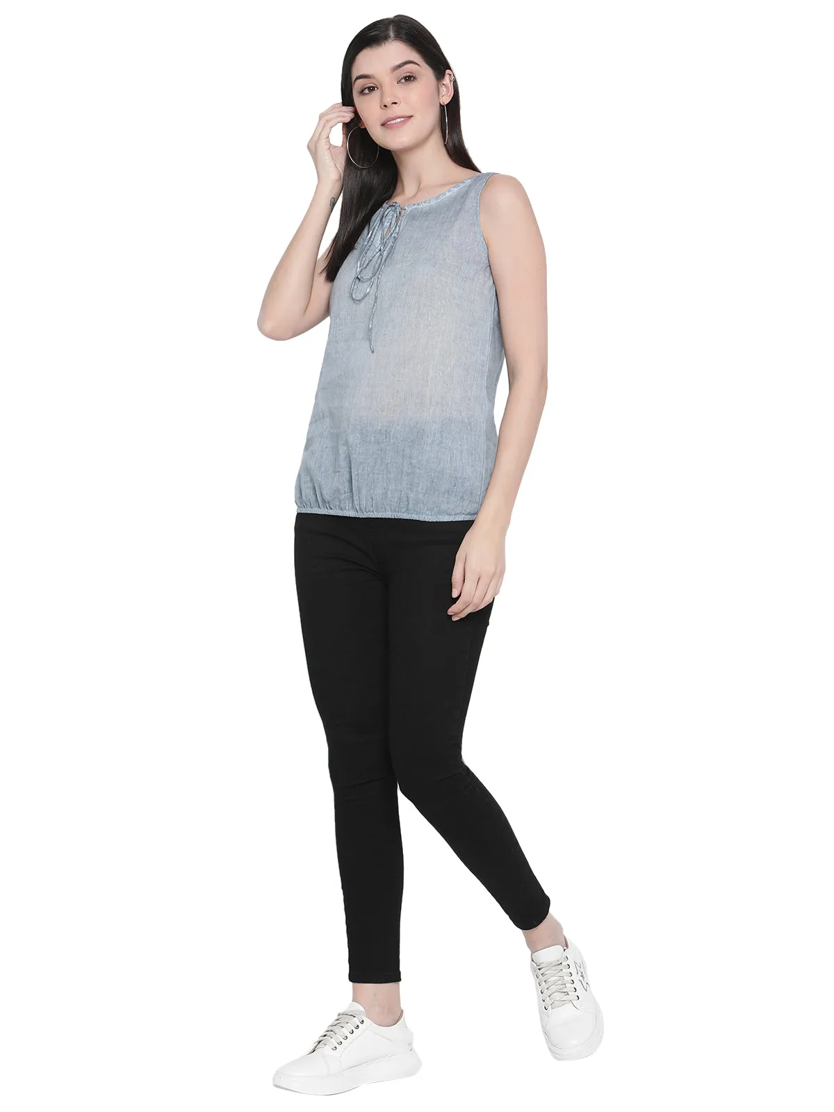 Porsorte Womens Denim Blue Cotton Voile Sleeveless Top