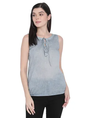 Porsorte Womens Denim Blue Cotton Voile Sleeveless Top