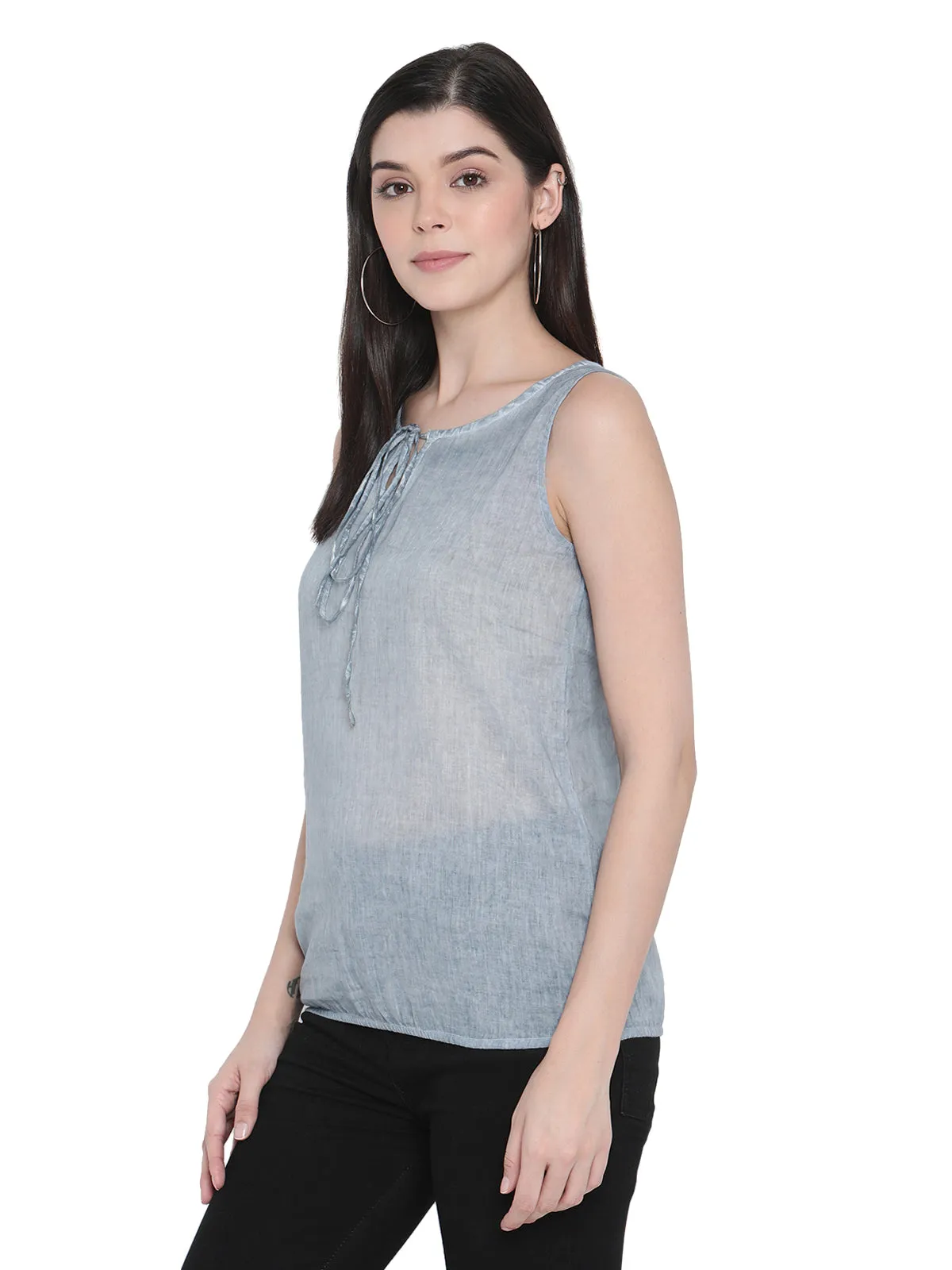 Porsorte Womens Denim Blue Cotton Voile Sleeveless Top