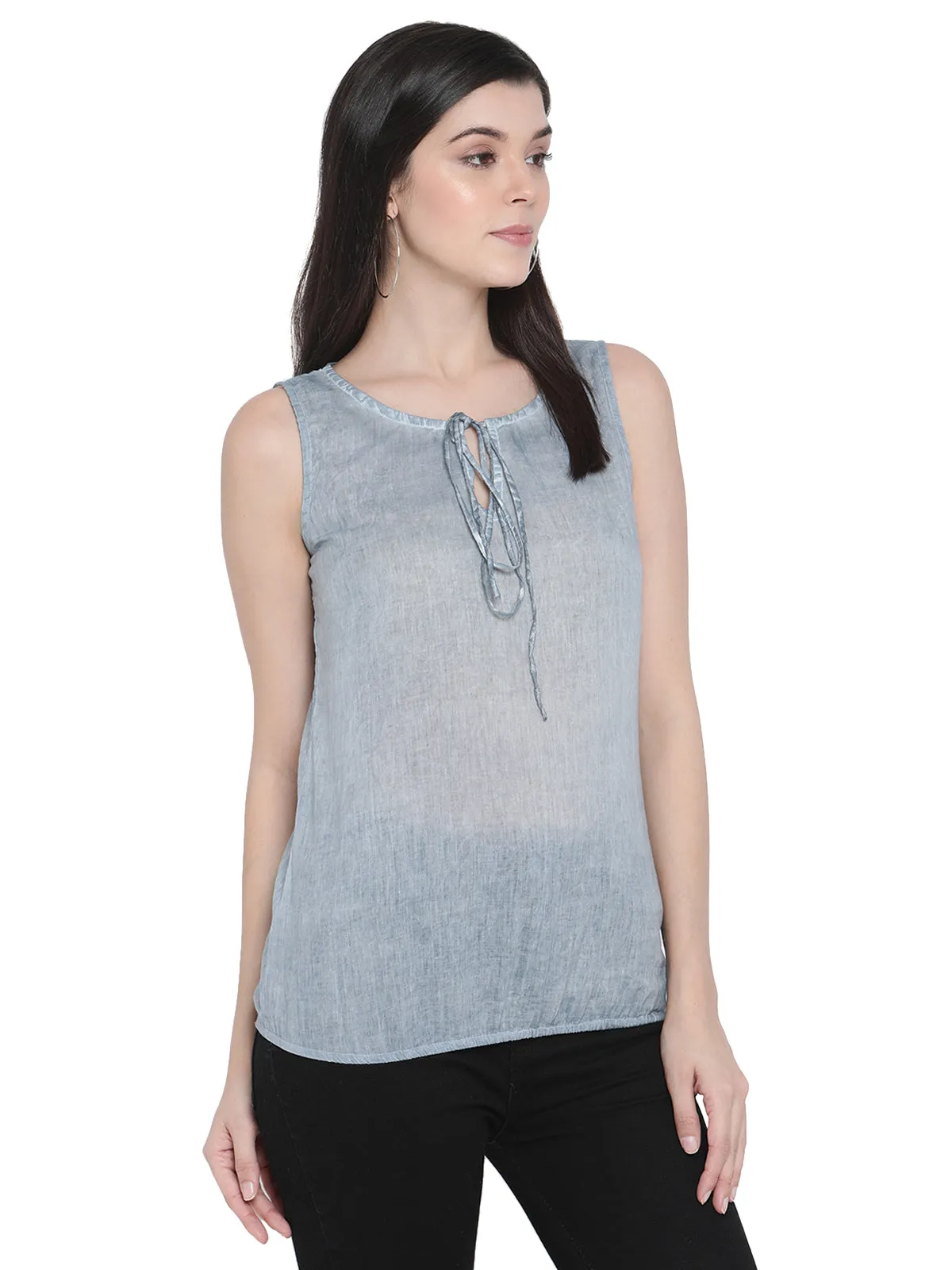 Porsorte Womens Denim Blue Cotton Voile Sleeveless Top