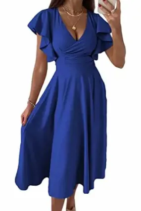 PRETTYGARDEN Women's 2024 Summer Midi Dress Ruffle Cap Sleeve V Neck Swing A Line Cocktail Party Dresses