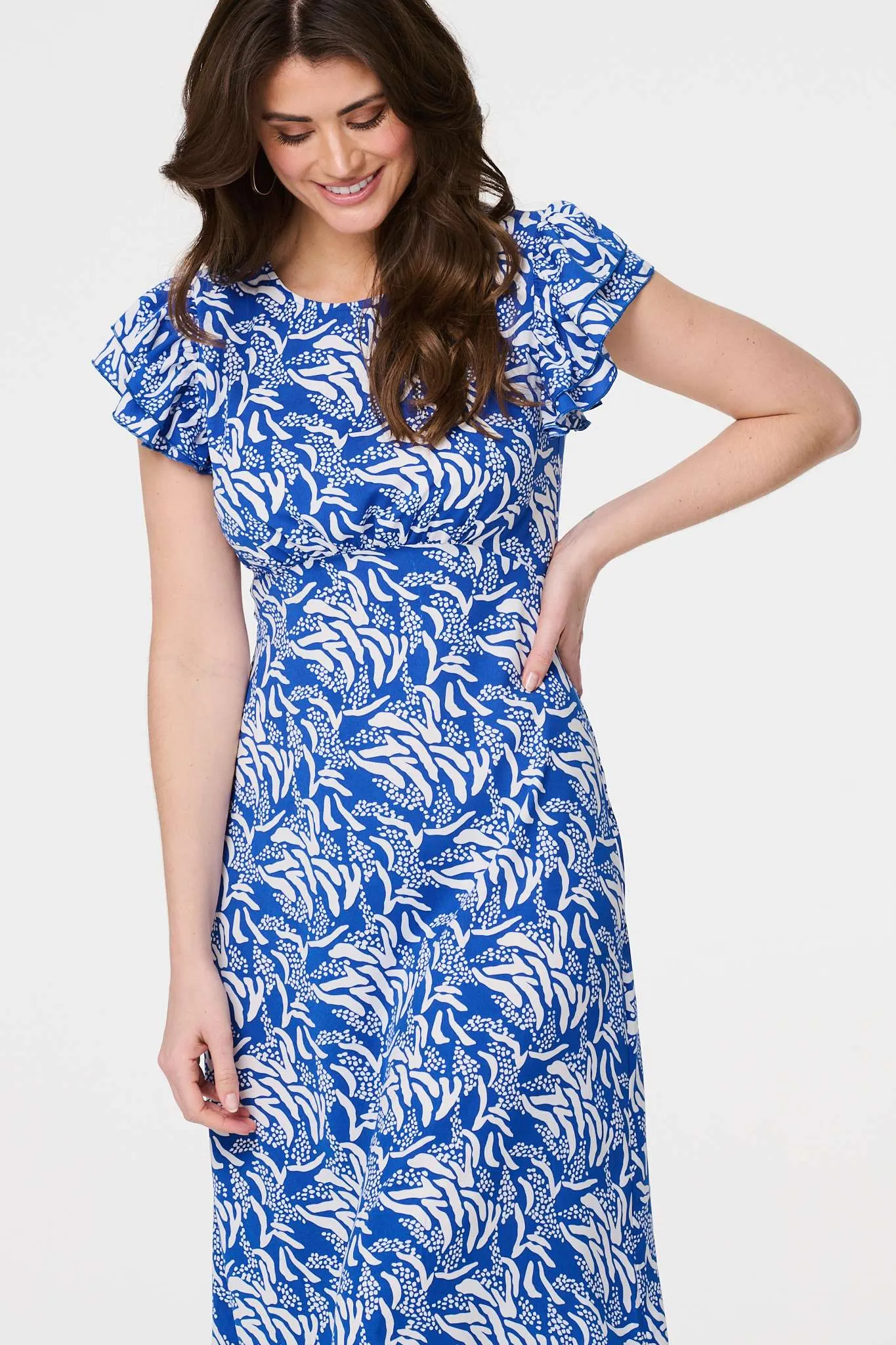 Printed Frill Cap Sleeve Midi Dress