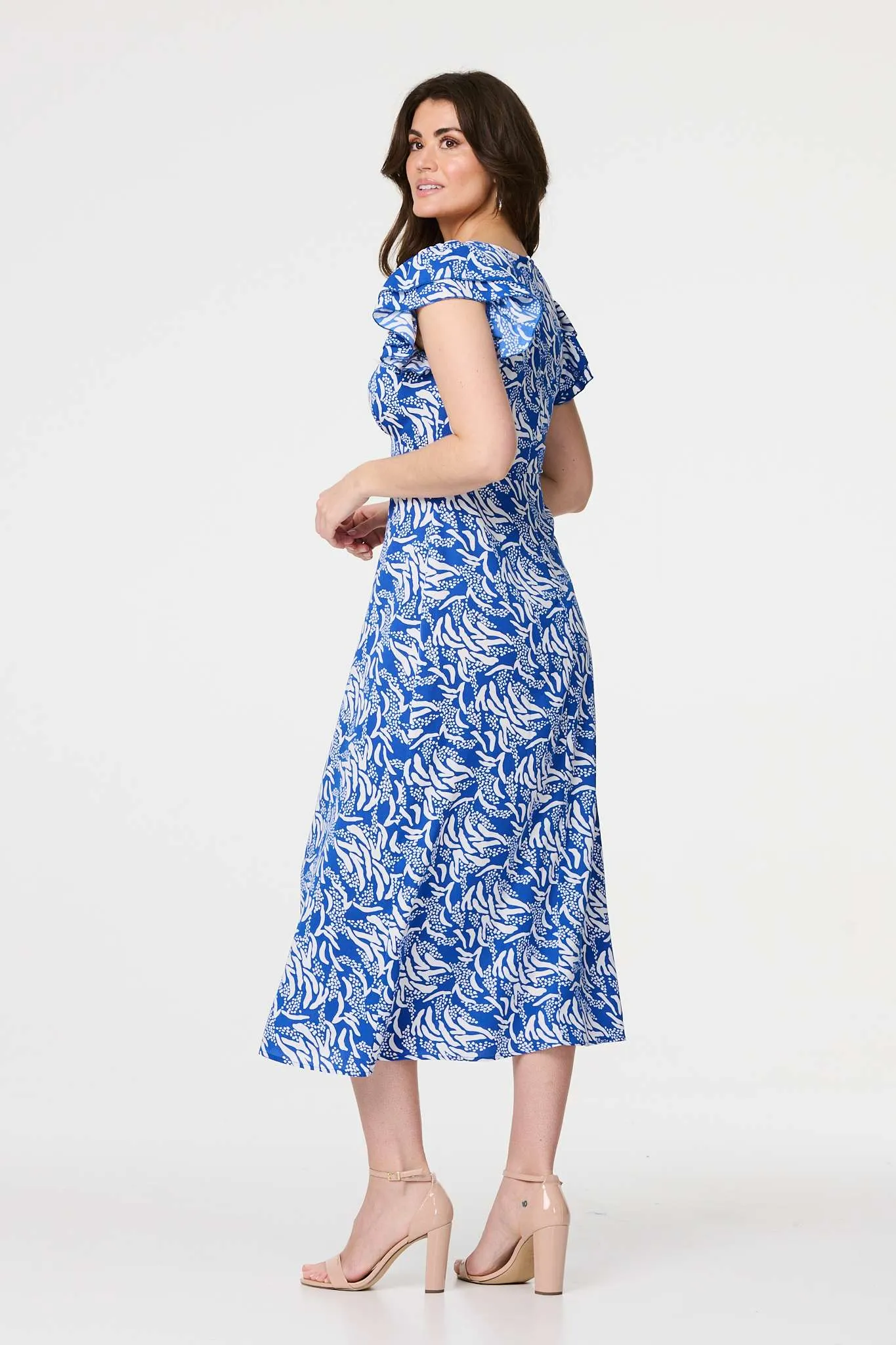 Printed Frill Cap Sleeve Midi Dress