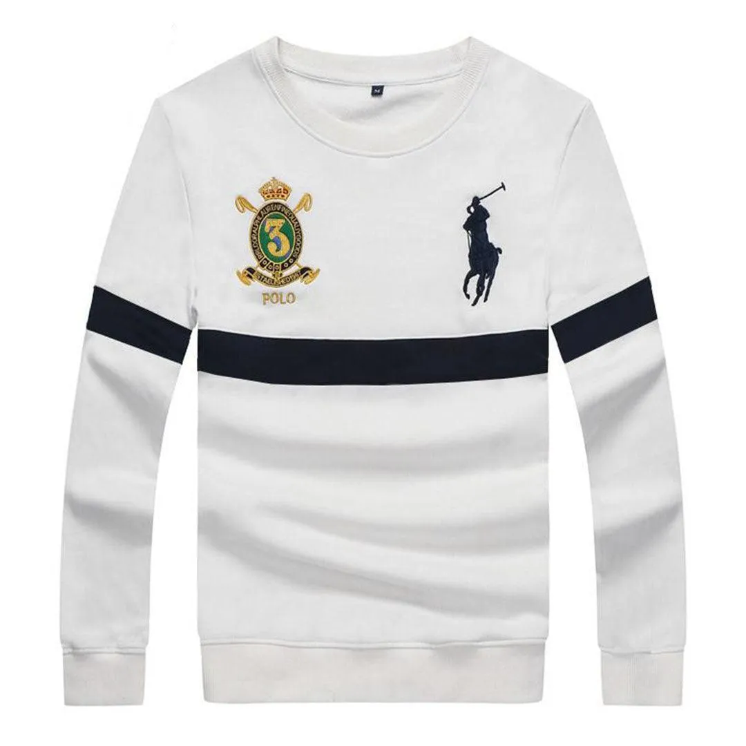 PRL Long Sleeves Embroidered Stripe Logo White Sweat Shirt