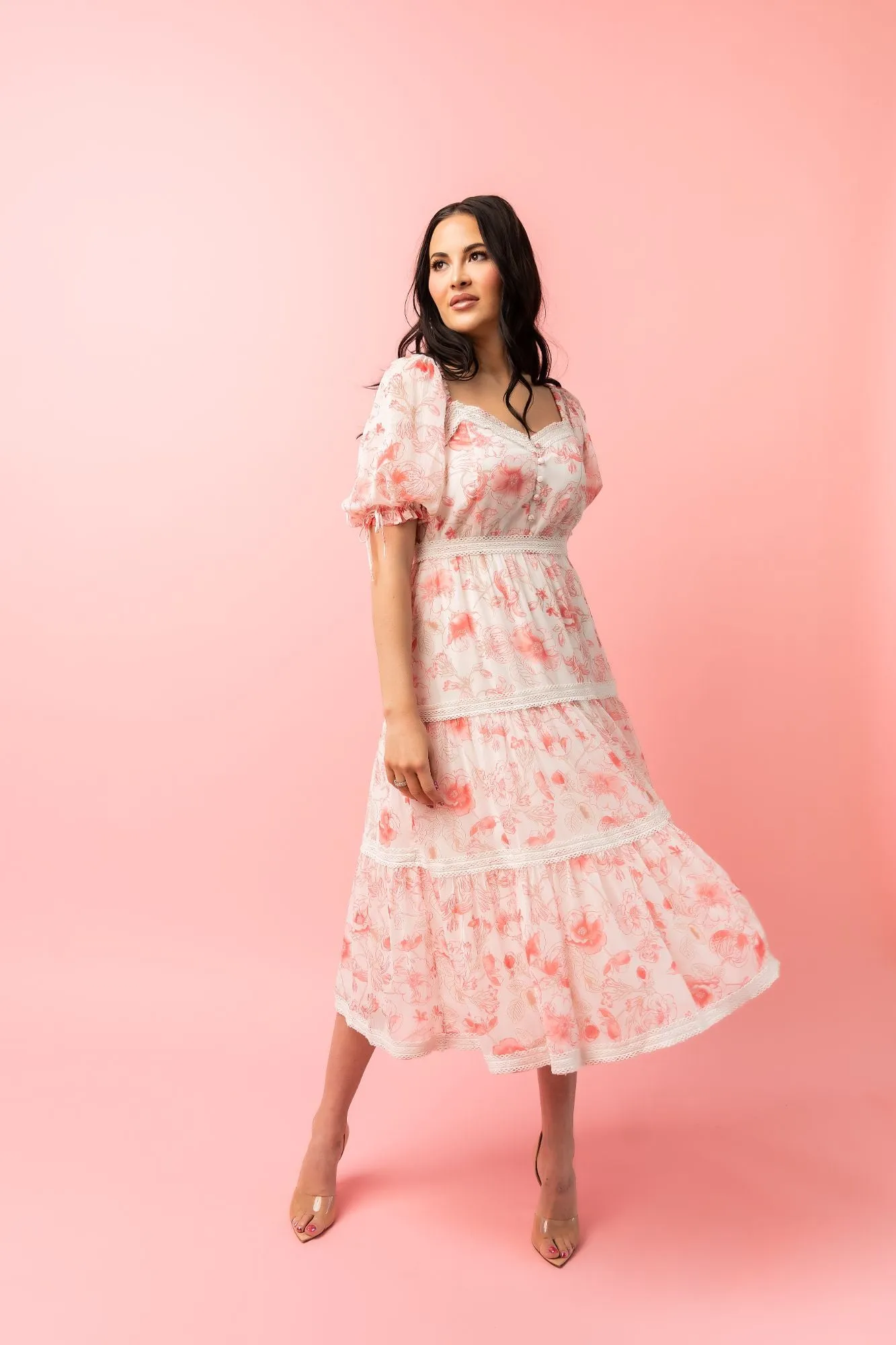 Puff Sleeve Tiered Chiffon Midi Dress