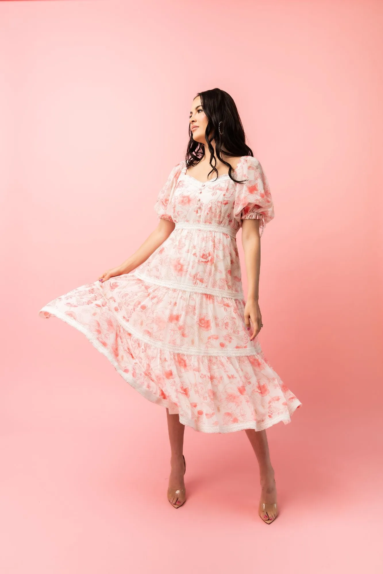 Puff Sleeve Tiered Chiffon Midi Dress