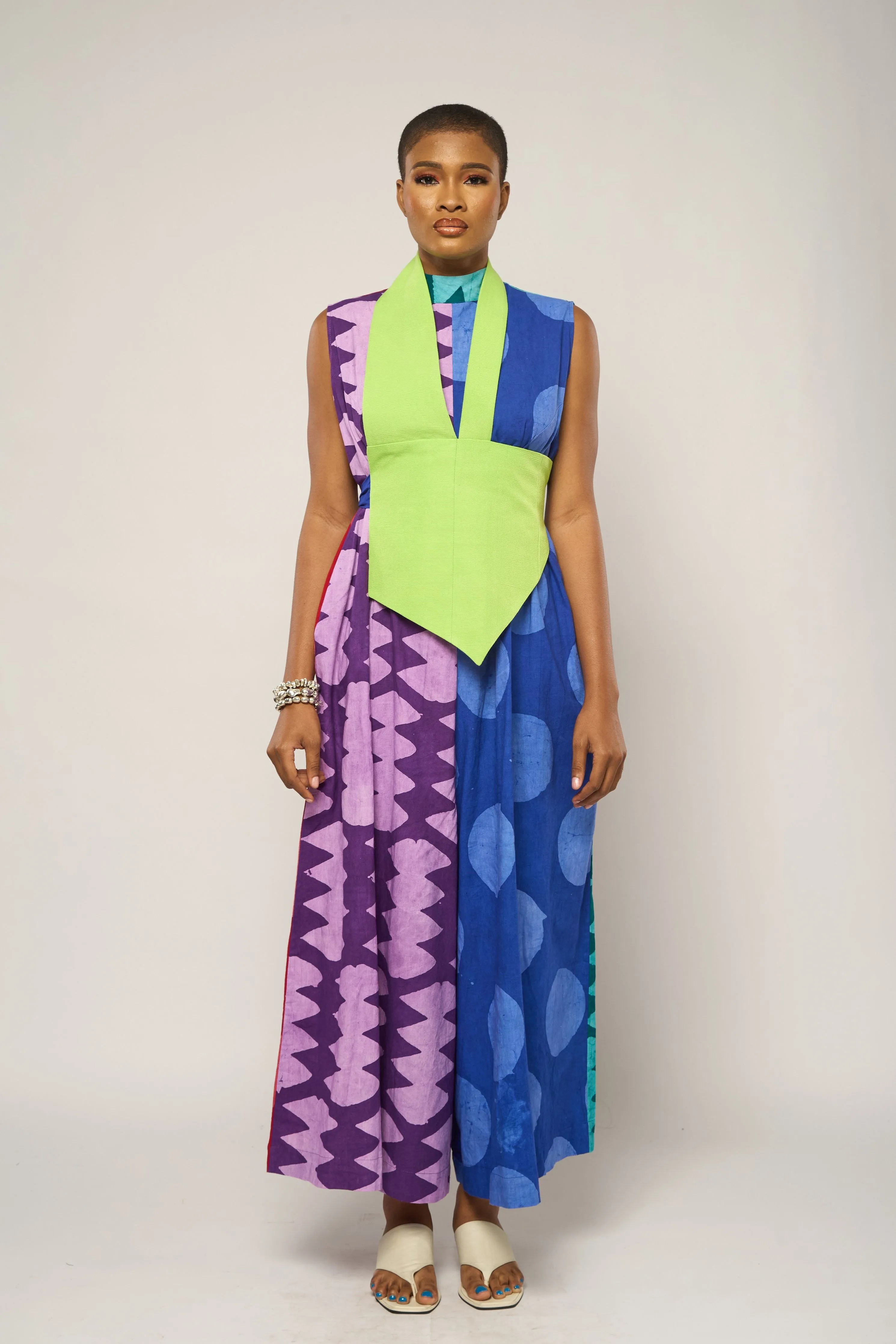 PURPLE AND BLUE MULTICOLOR JUMPSUIT WITH LEMON BIB