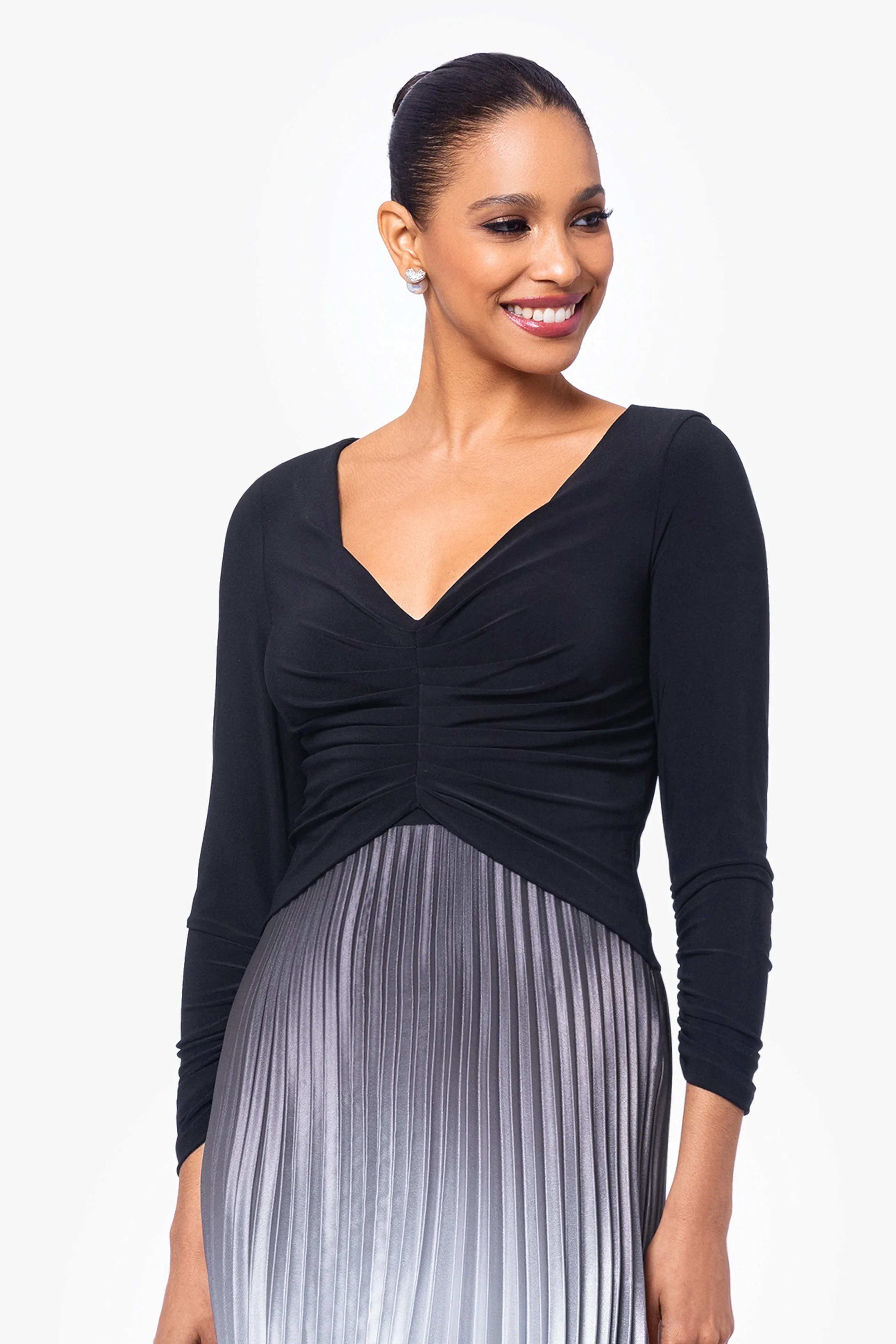 "Katia" Long 3/4 Sleeve Pleated Ombre Skirt Dress