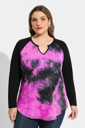 Raglan Tie Dye Notched V Neck Long Sleeve Shirt