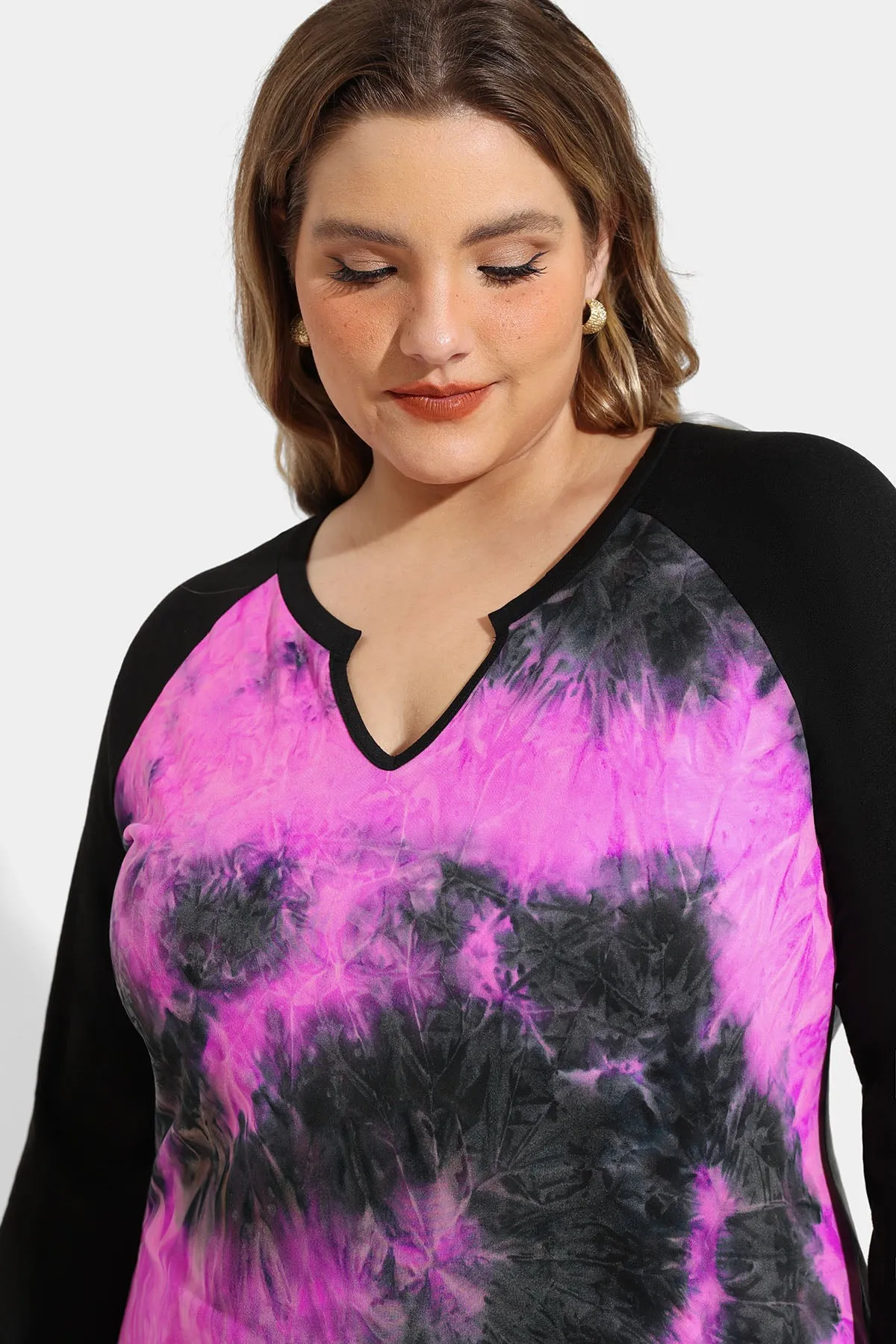 Raglan Tie Dye Notched V Neck Long Sleeve Shirt