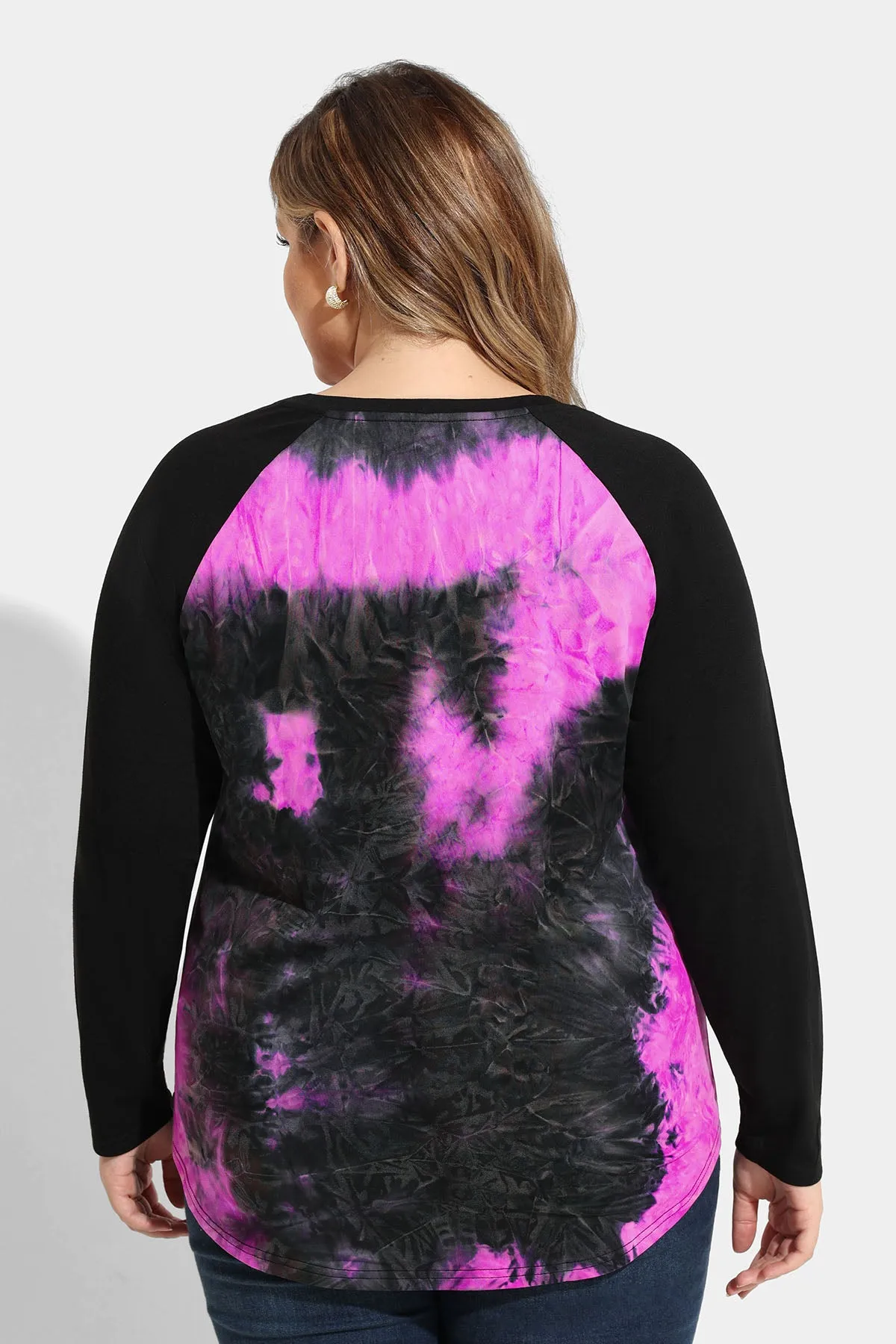 Raglan Tie Dye Notched V Neck Long Sleeve Shirt