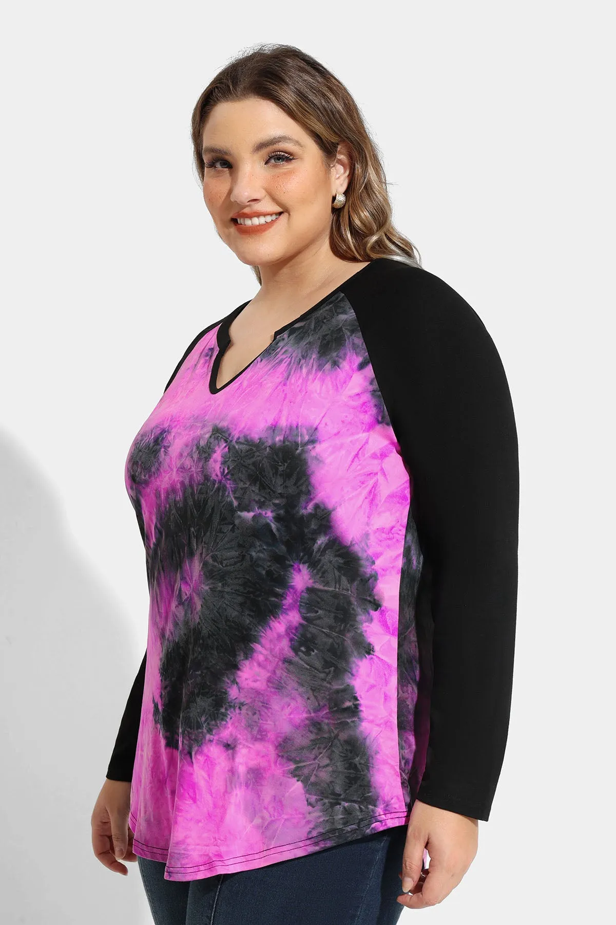 Raglan Tie Dye Notched V Neck Long Sleeve Shirt