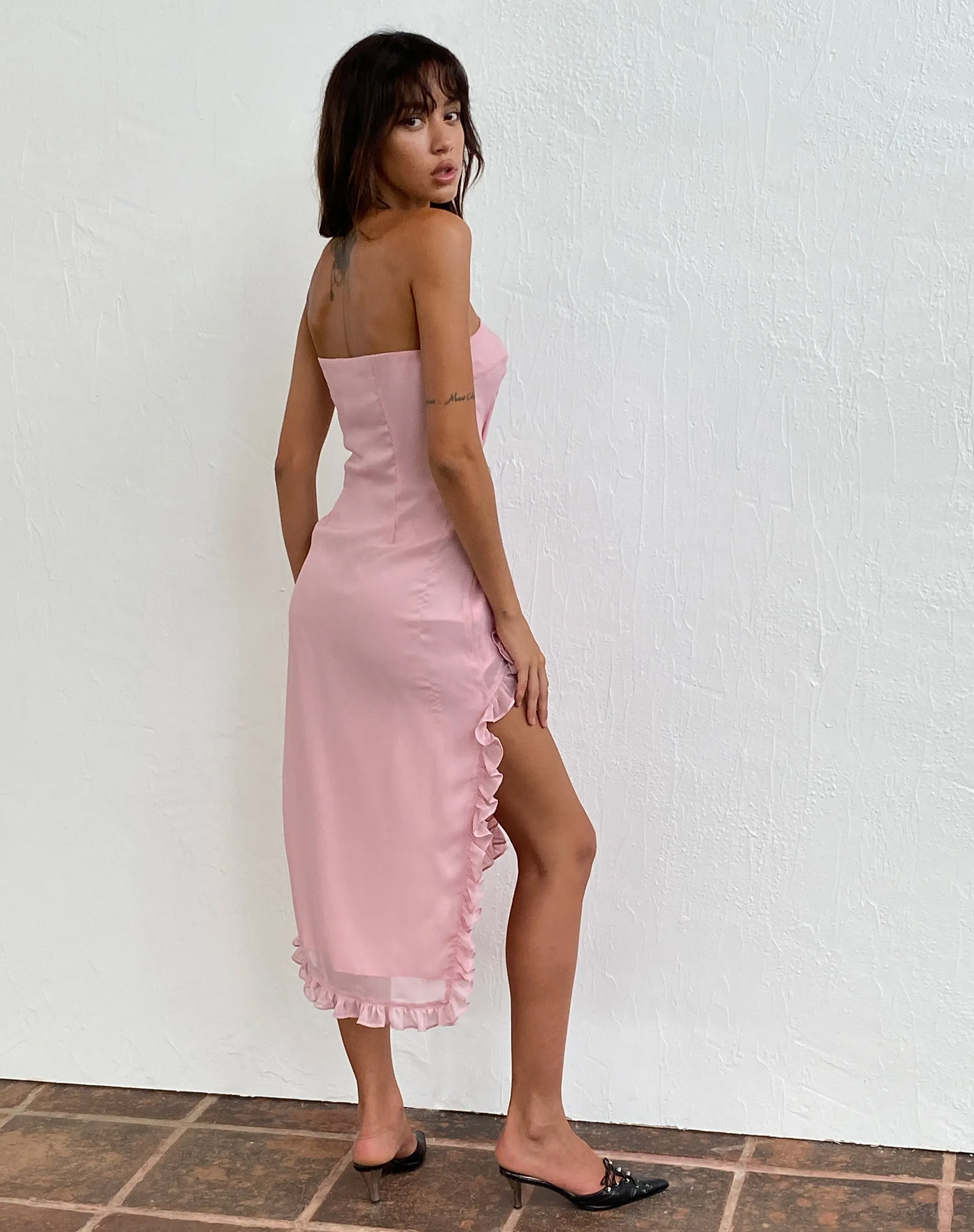 Rosaya Ruffle Rosette Bandeau Midi Dress in Pink Chiffon