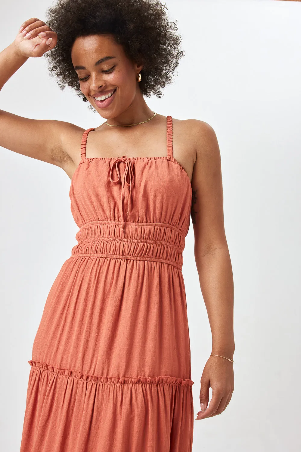 Rust Cinched Waist Tiered Midi Dress