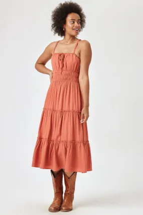 Rust Cinched Waist Tiered Midi Dress