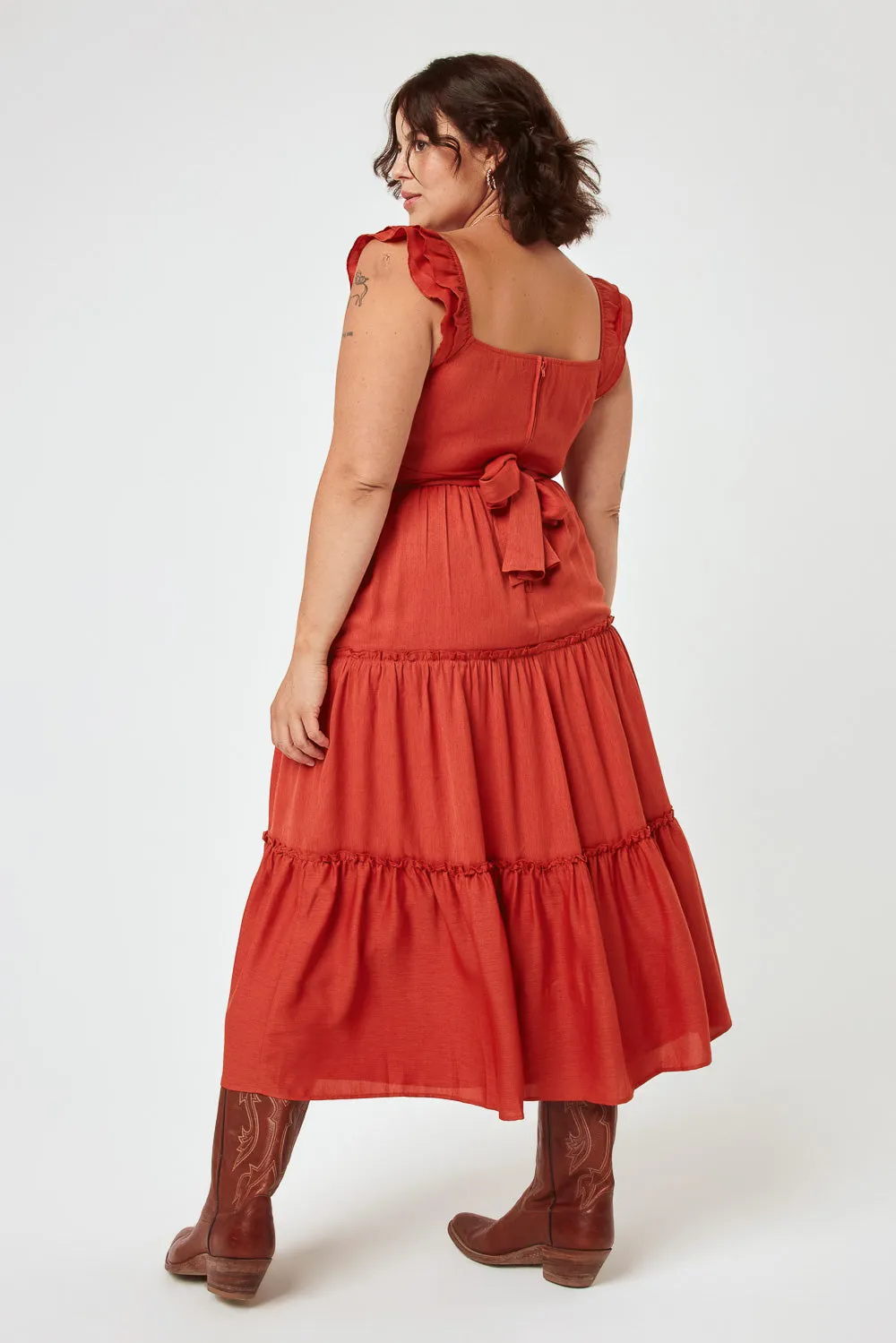 Rust Flutter Sleeve Midi Dress