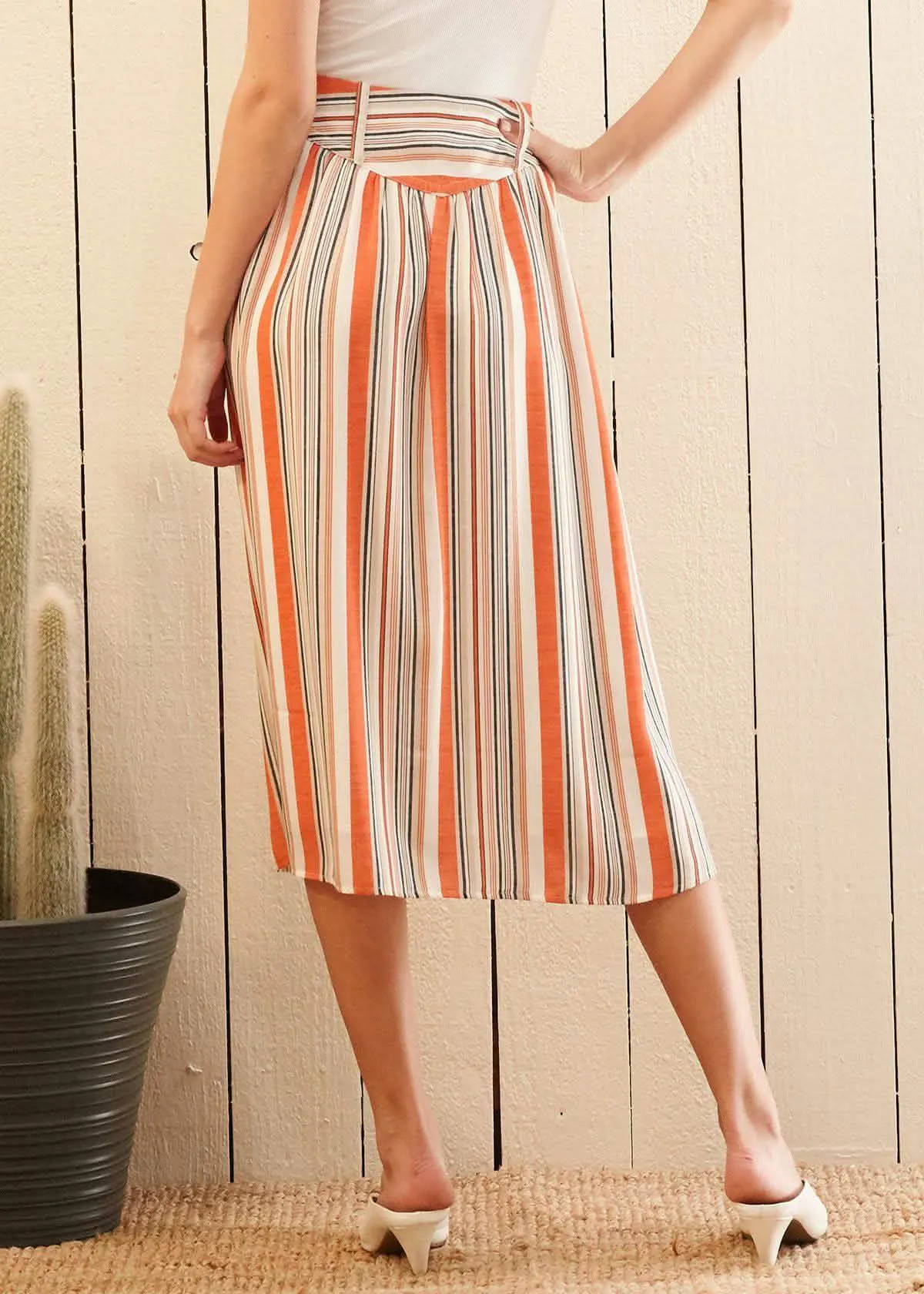 Rust Multi Striped Midi Skirt with Chic Front Button Closure for Women