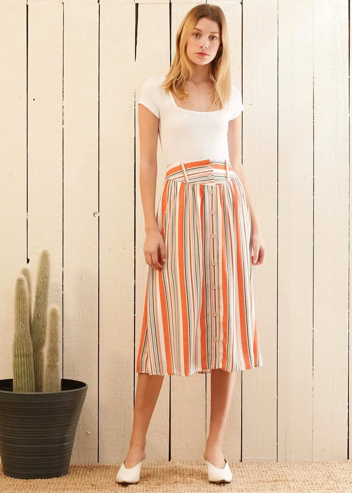 Rust Multi Striped Midi Skirt with Chic Front Button Closure for Women