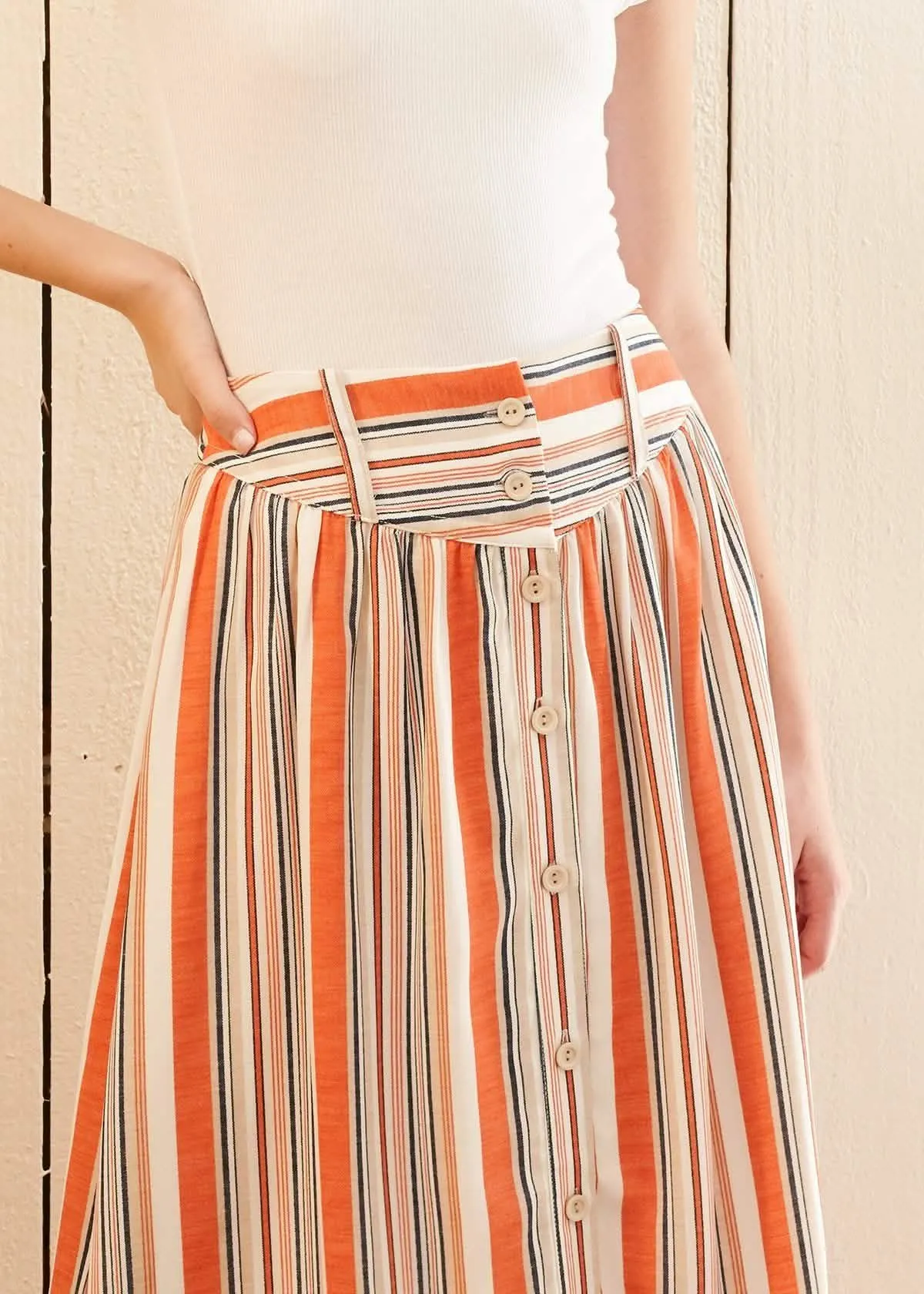 Rust Multi Striped Midi Skirt with Chic Front Button Closure for Women