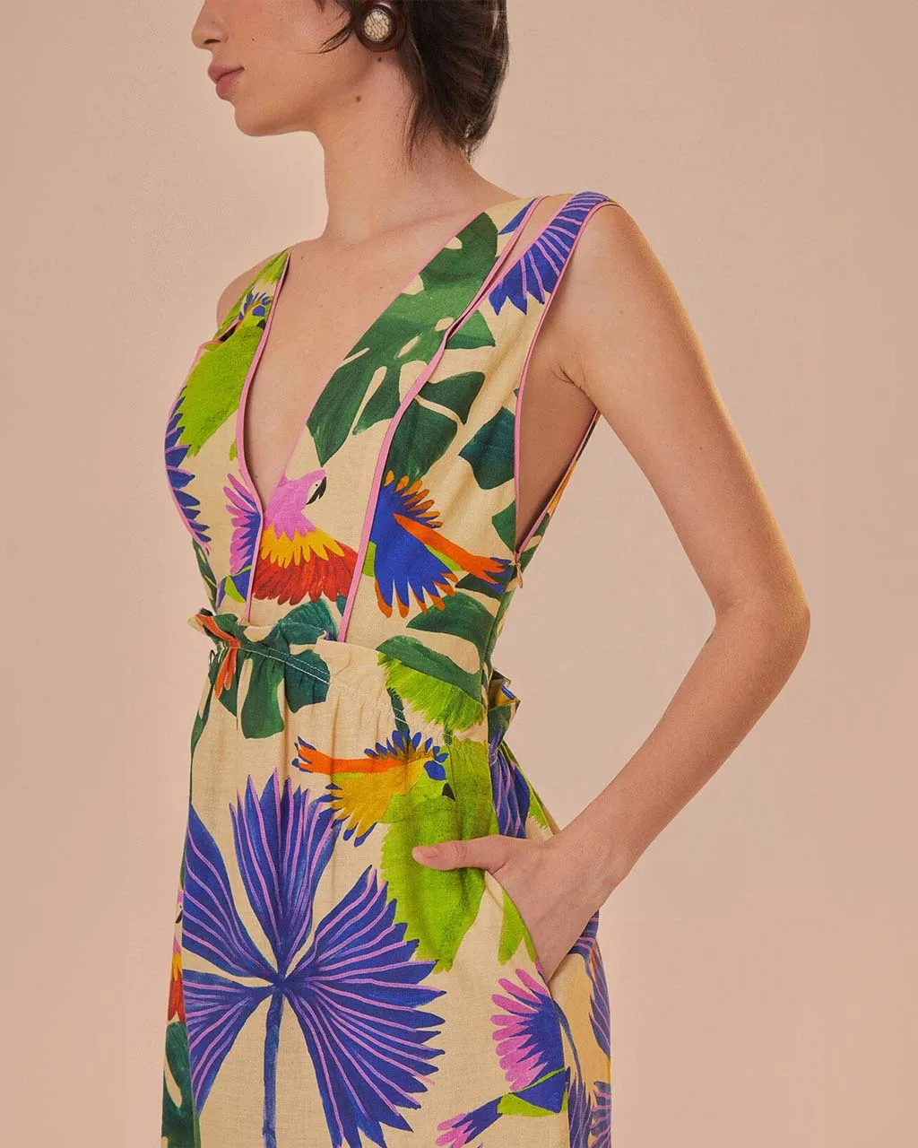 Sand Macaw Jungle V Neck Midi Dress