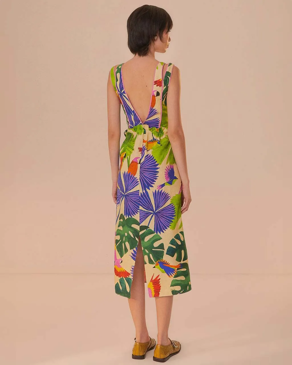 Sand Macaw Jungle V Neck Midi Dress