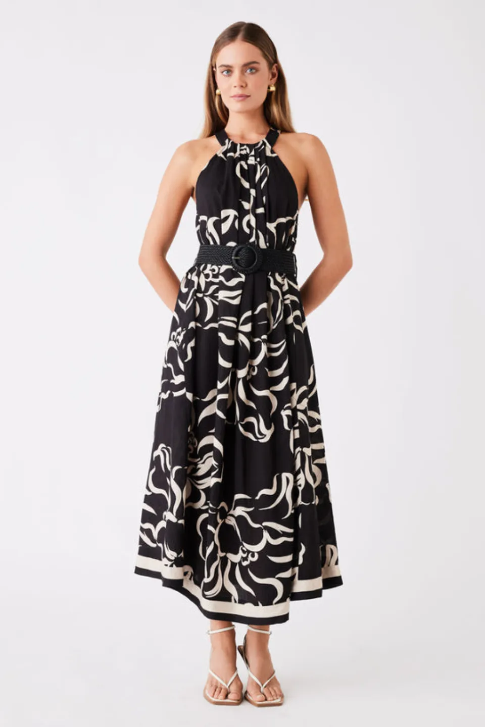 Sandy Wave Black Print High Neck Midi Dress