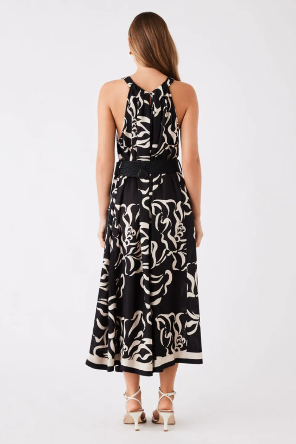 Sandy Wave Black Print High Neck Midi Dress