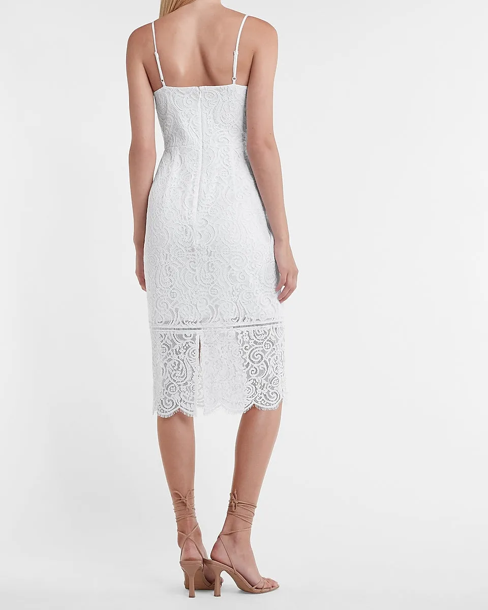 Scalloped Lace Midi Sheath Dress in White