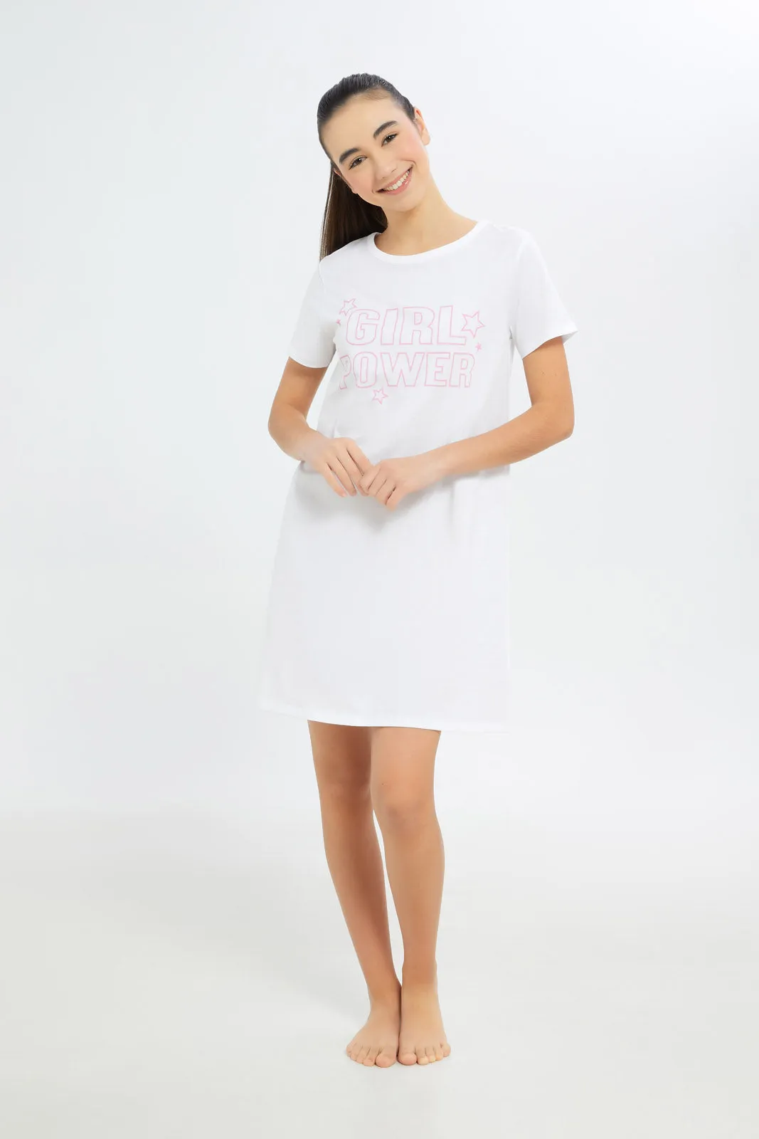 Senior Girls White Printed Nightdress