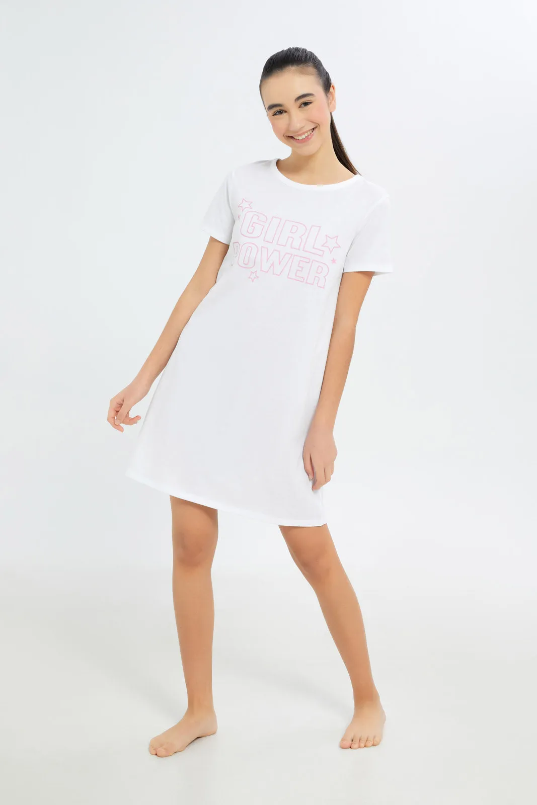 Senior Girls White Printed Nightdress