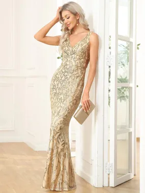 Sequin Sleeveless V-Neck Bodycon Floor-Length Evening Dress