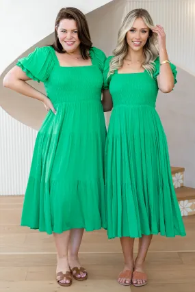 Shiloh Shirred Midi Dress Emerald Green Dobby