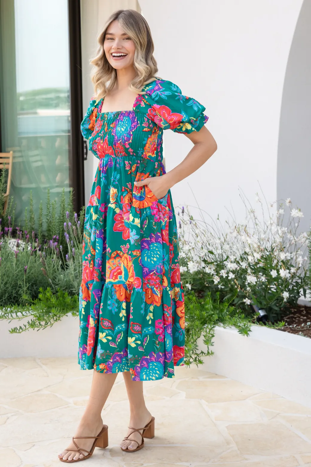 Shiloh Shirred Midi Dress Moroccan Sun Print