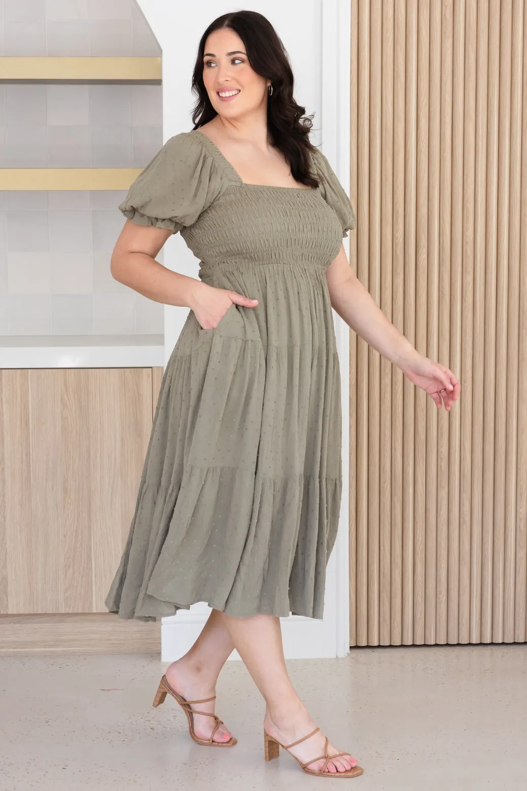 Shiloh Shirred Midi Dress Olive Dobby