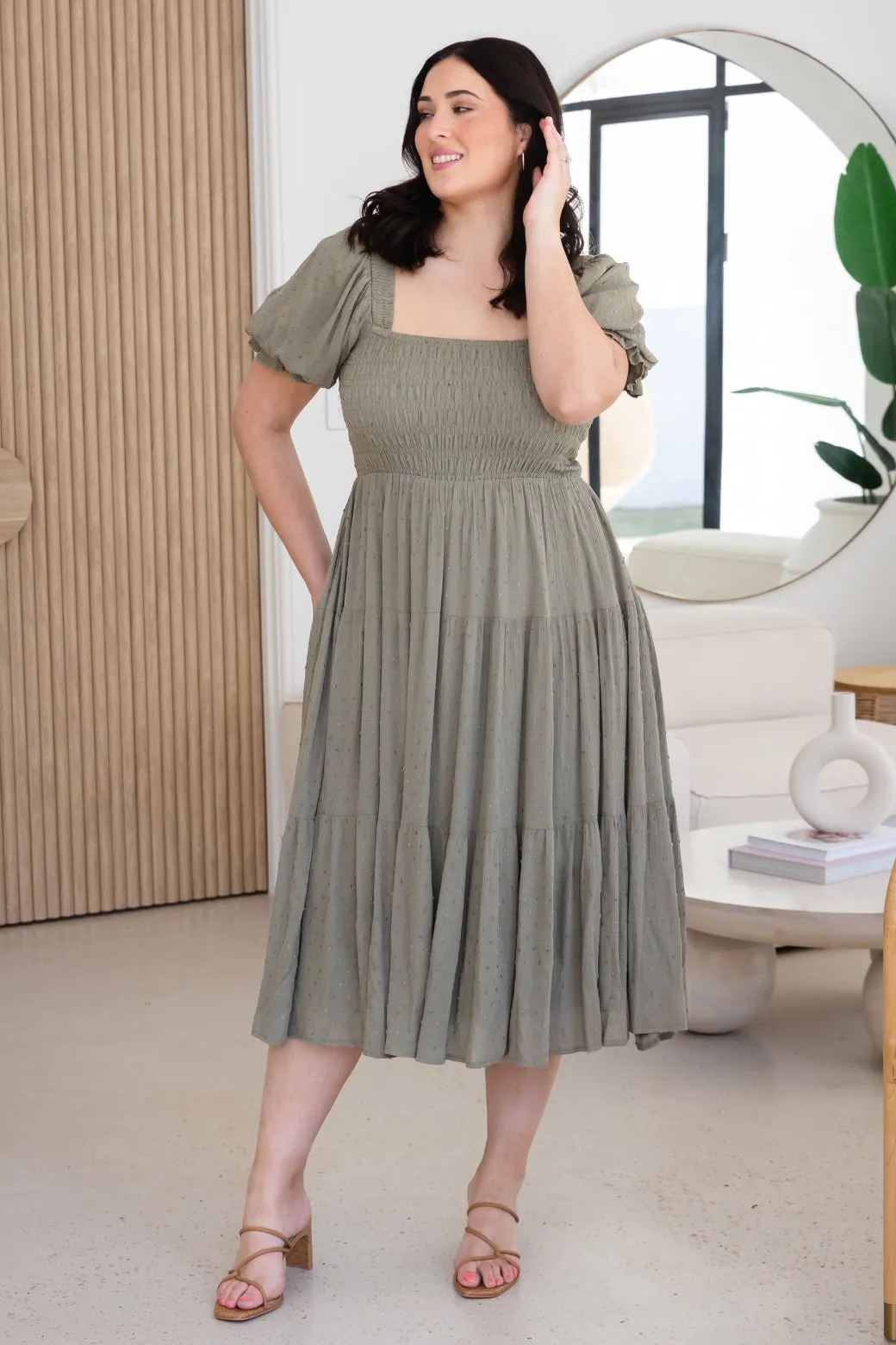 Shiloh Shirred Midi Dress Olive Dobby