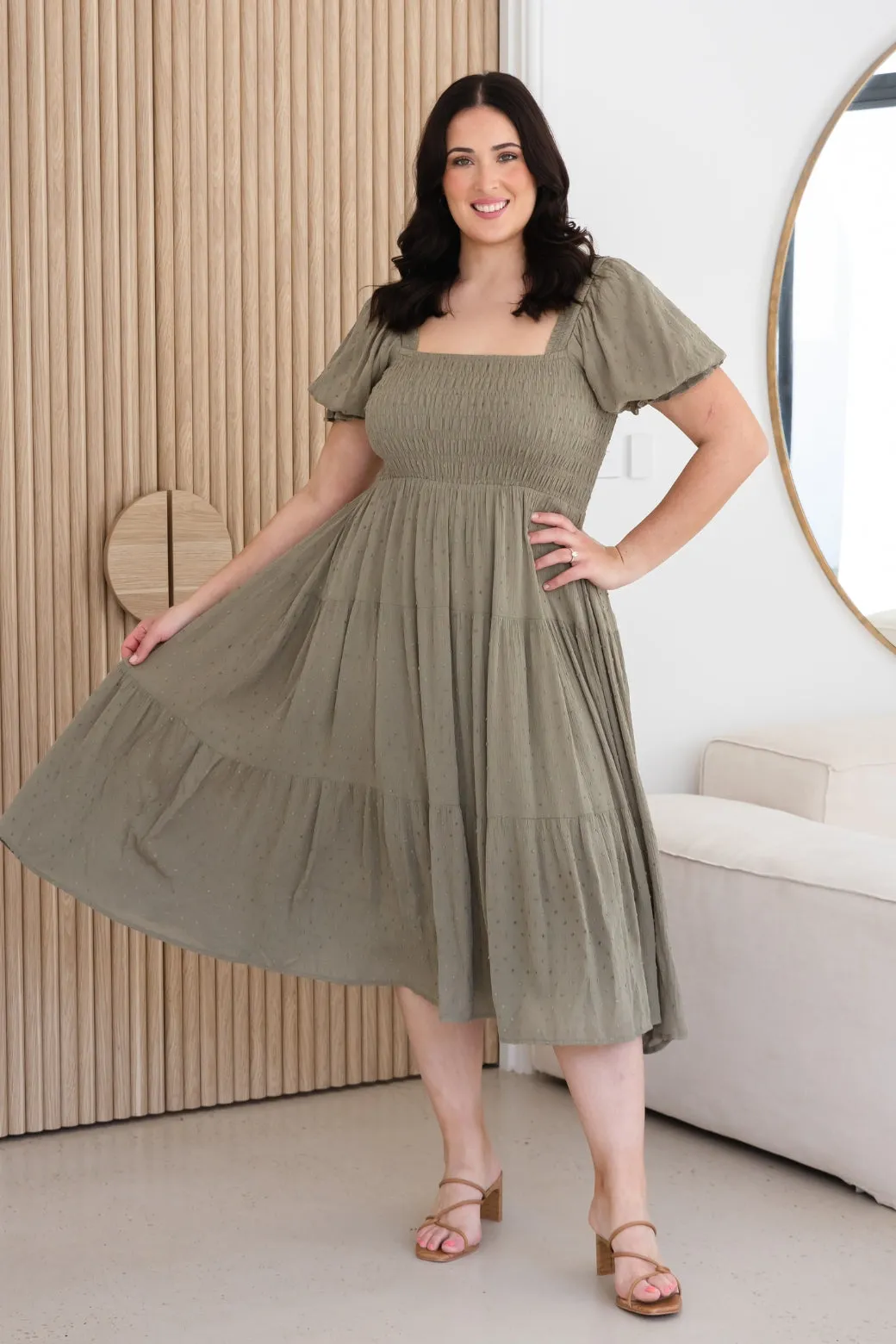 Shiloh Shirred Midi Dress Olive Dobby