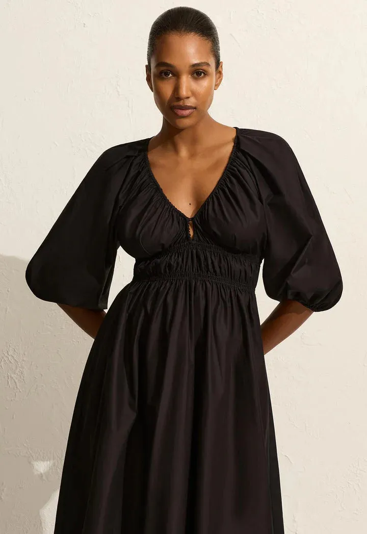 SHIRRED PLUNGE BUTTON DRESS - BLACK