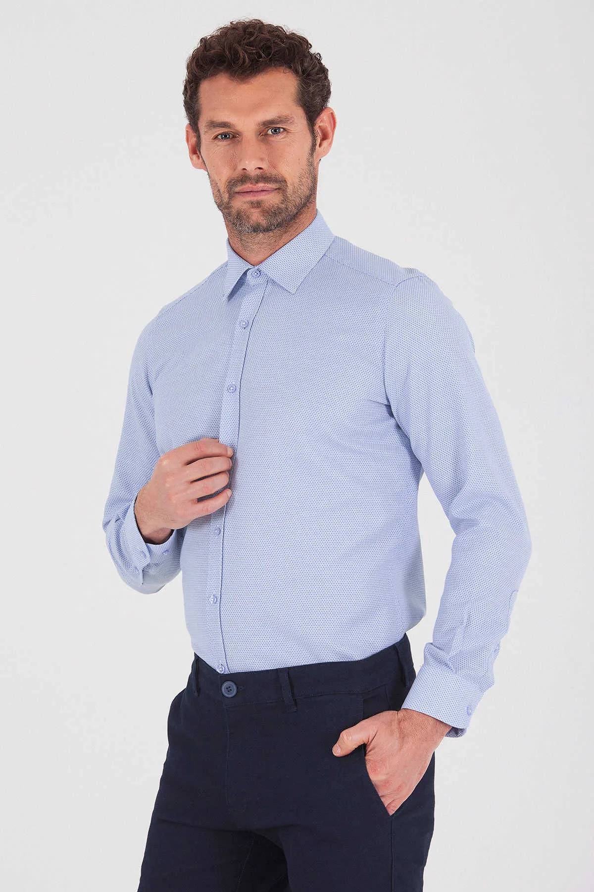 Slim Fit Cotton Blend Micro Dot Light Blue Dress Shirt