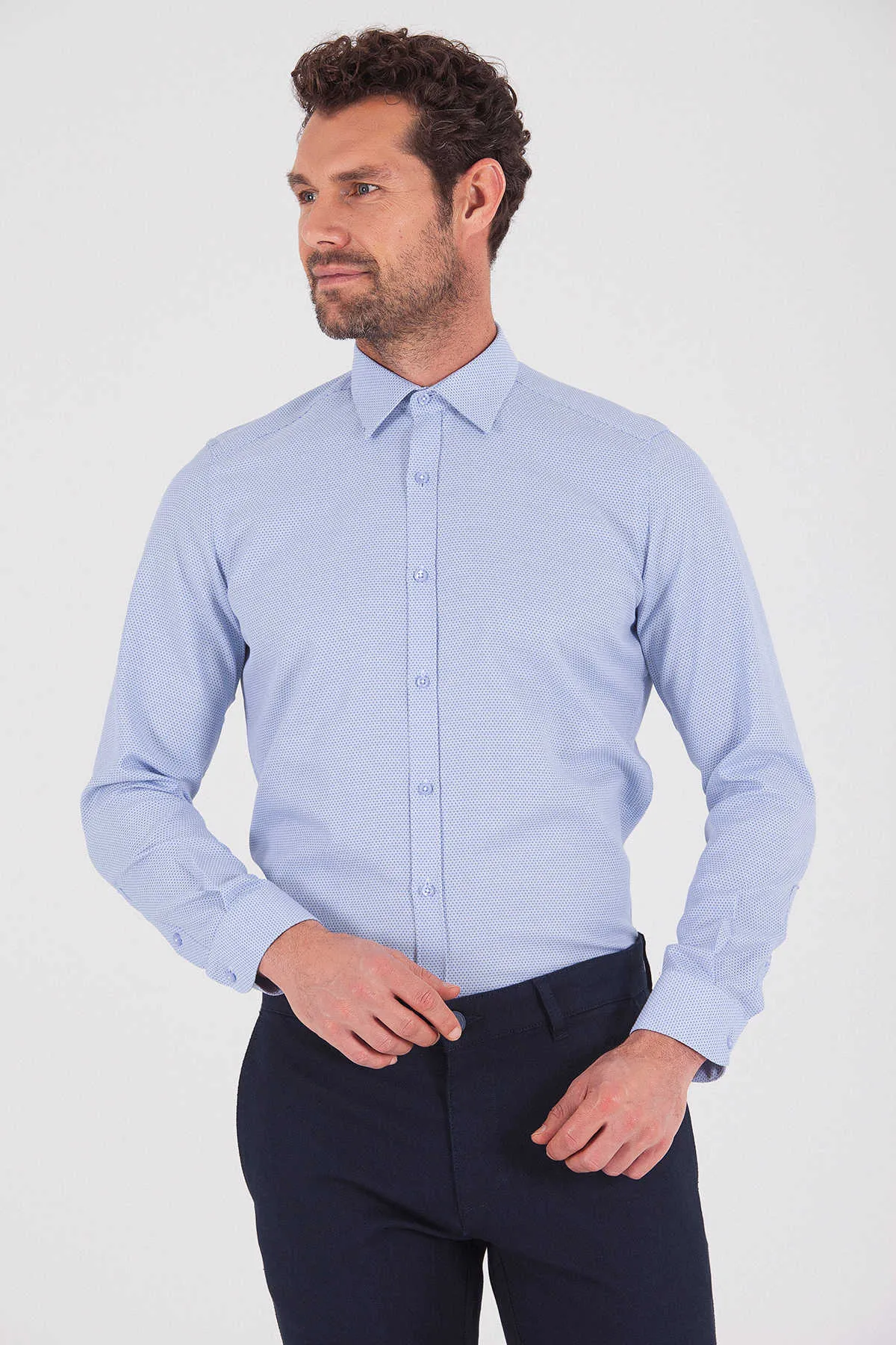 Slim Fit Cotton Blend Micro Dot Light Blue Dress Shirt