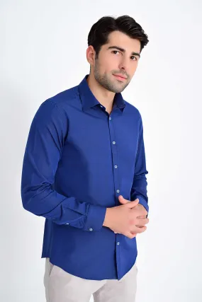 Slim Fit Patterned Cotton Blend Casual Shirt, Navy D.