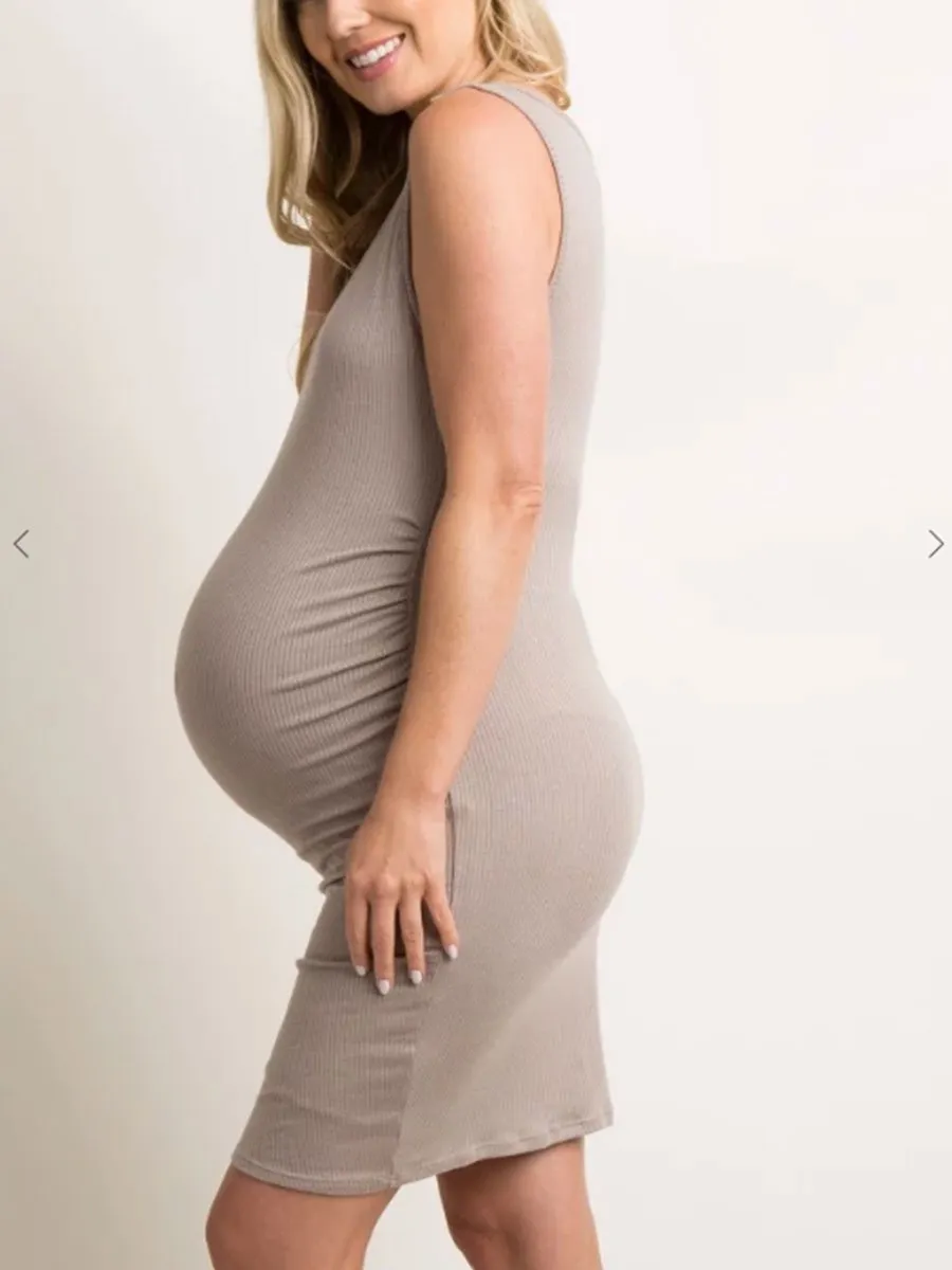 Solid Color Knitted Sleeveless Maternity Dress