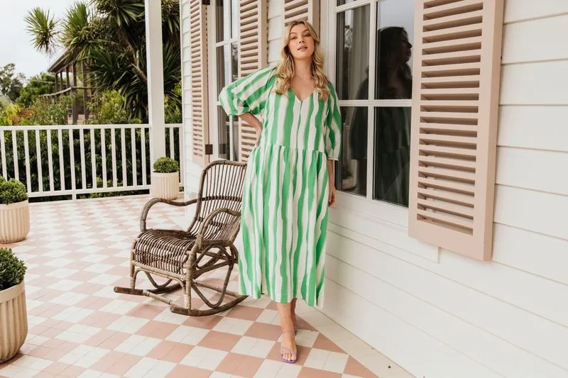 Spritz Stripe Dress - Green Briar/White Stripe