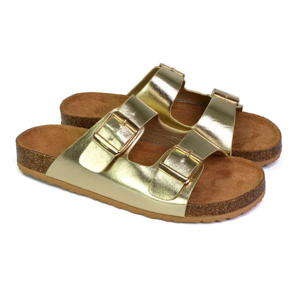 Star Double Buckle Strap Flat Slider Casual Footbed Summer Mule Sandals in Silver