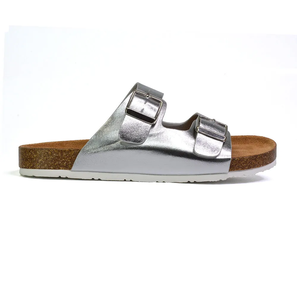 Star Double Buckle Strap Flat Slider Casual Footbed Summer Mule Sandals in Silver