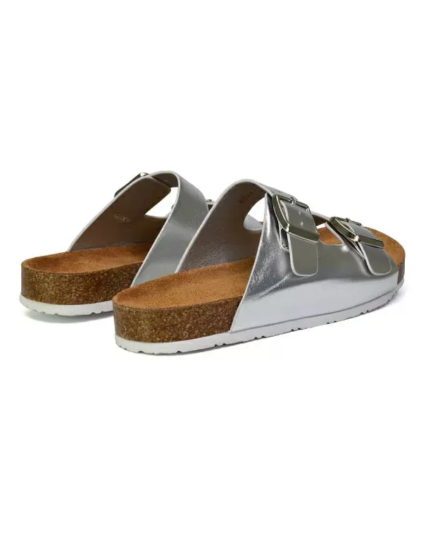 Star Double Buckle Strap Flat Slider Casual Footbed Summer Mule Sandals in Silver